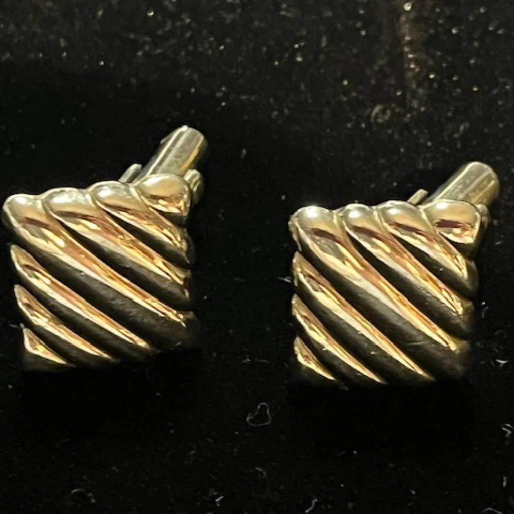 VTG Gold Tone Square Shaped Striped Ribbon Style Cuff Links Retro Gift